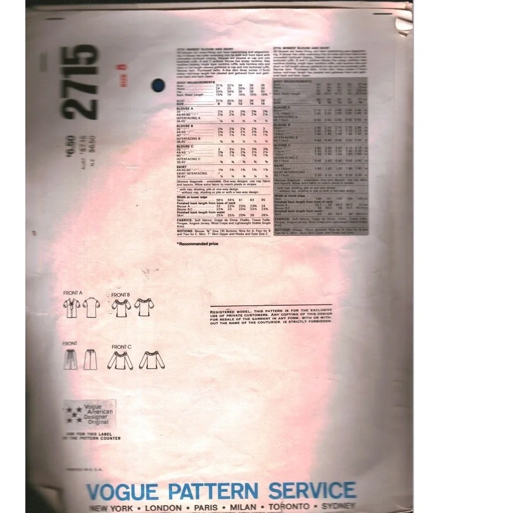 Vogue 2715 Joseph Picone American Designer Blouse Skirt Sewing Pattern Size 8